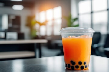 Boba tea with colorful bubbles in modern office setting