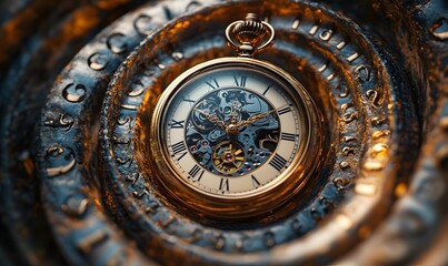 A vintage pocket watch at the center of a swirling spiral of numbers and clock faces