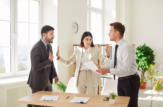 Office conflict, woman helping to angry dissatisfied employees work results, holding financial report, colleagues arguing, discussing business failure, partners disputing at work, bad conversation