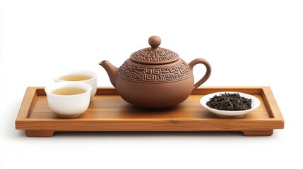 A traditional Chinese tea set arranged on a wooden