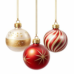 Three elegant Christmas ornaments in red, white, and gold, hanging gracefully