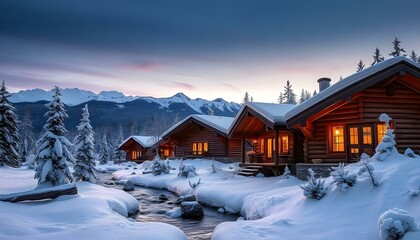 Fototapeta premium Alpine forest with wooden log cabins, warm lights, icy streams, and snow-capped mountains under the sky.