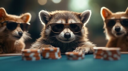 Raccoon and foxes participate in an intense poker match at night