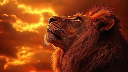 Fototapeta premium Majestic lion gazes up at the vibrant sunset on the savanna
