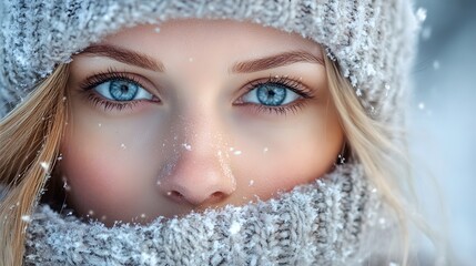 Blue-eyed woman bundled in winter clothing amid falling snow.