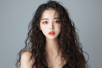 Fototapeta premium Captivating portrait of a young woman with curly hair studio setting fashion photography natural light close-up view beauty concept