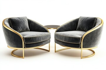 luxury set of metal table frame and chair with black grey and gold velvet on white background 