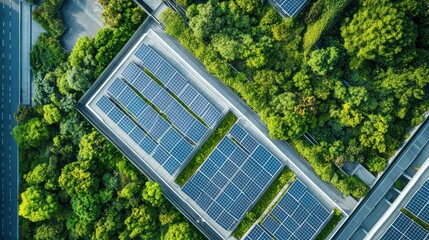 Aerial view of a large-scale data center powered by sustainable energy with solar panels on the roof, surrounded by greenery.
