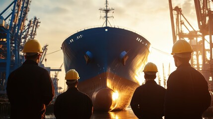 Dock workers oversee large cargo ship during sunset at bustling harbor