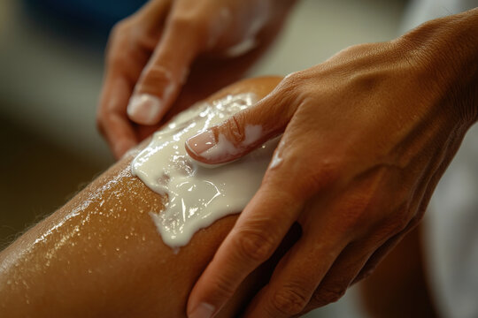 Application of Moisturizing Cream on Skin by Hands Focused on Hydration and Self-Care in a Bright Indoor Setting Emphasizing Skincare Routine and Wellness Practices
