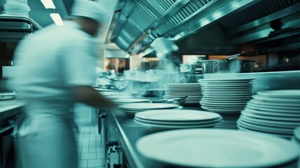Dishwasher cleaning plates in a busy restaurant kitchen. Workflow for high hygiene standards.