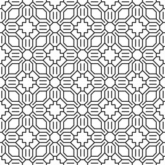 Seamless black and white geometric pattern with basic shapes such as hexagons and octagons, consisting of thin lines arranged symmetrically and regularly. Suitable for various creative projects.