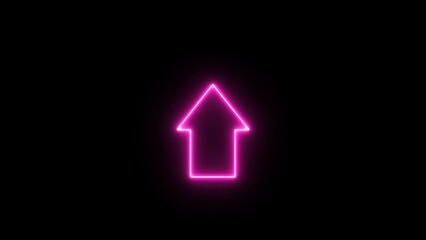Neon upload arrow icon on black background. pink color up arrow direction icon illumination.