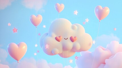 Adorable Cartoon 3D Cloud Surrounded by Heart Shaped Balloons in Whimsical Pastel Dreamscape