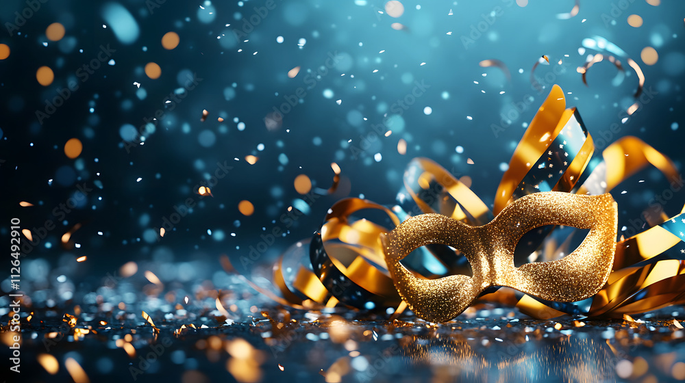 Aufkleber a festive mask with golden ribbons and sparkling confetti, creating a vibrant atmosphere suitable fo