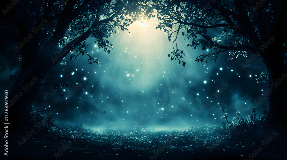 Poster a serene, mystical forest scene illuminated by soft light, with ethereal particles floating in a tra