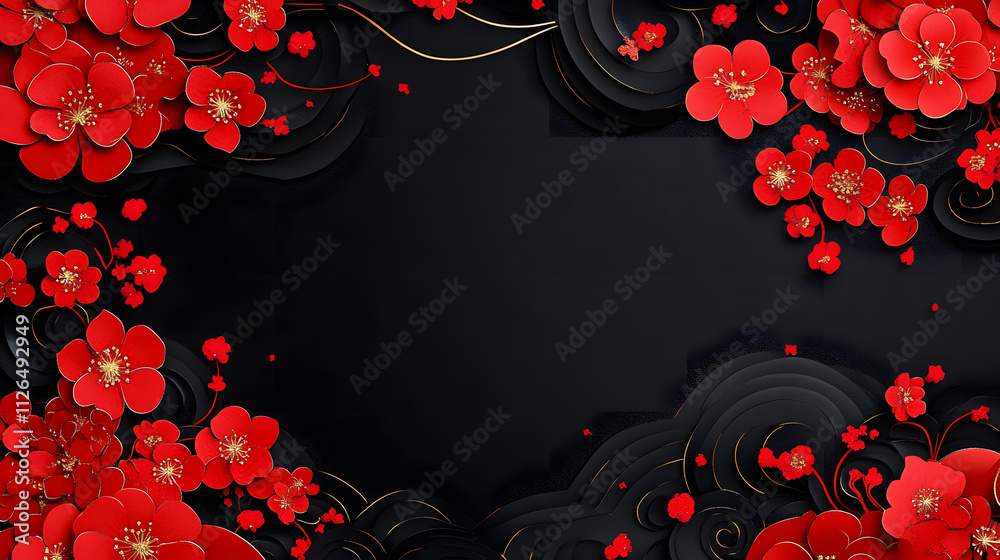 Poster A dark background framed with vibrant red flowers and elegant swirls, creating a striking and sophisticated design
