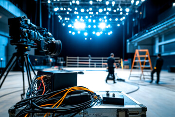 A vibrant backstage scene showing film equipment, lighting setup, and crew preparing for an event in an industrial venue.