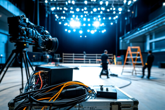 A vibrant backstage scene showing film equipment, lighting setup, and crew preparing for an event in an industrial venue.