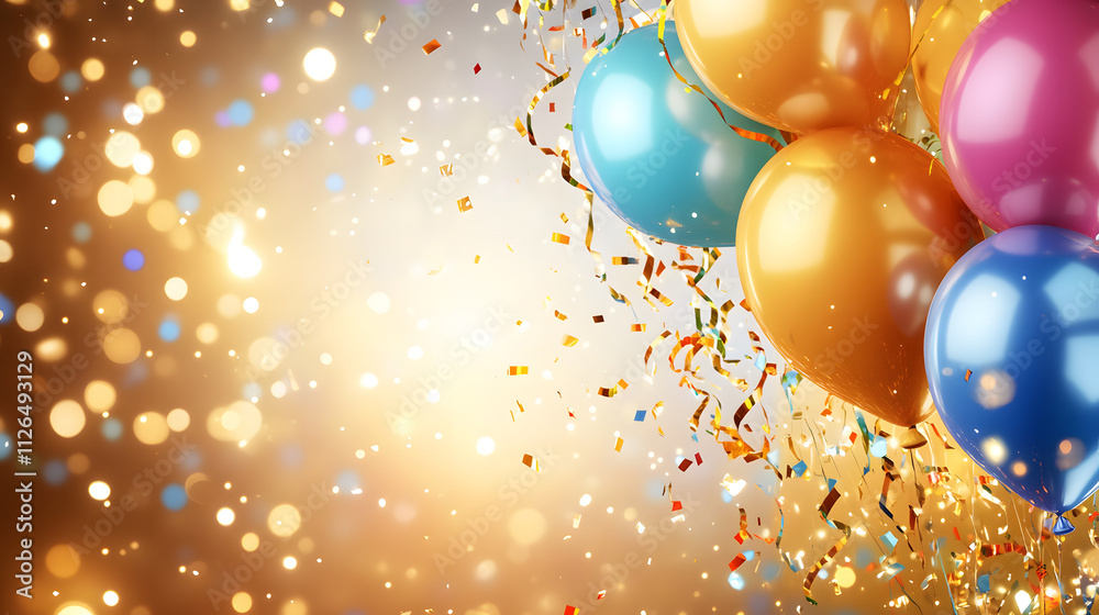 Poster colorful balloons with confetti against a sparkling background, creating a festive and joyful atmosp