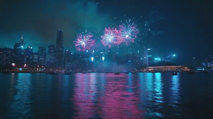 Obraz premium Cityscape fireworks display over water.