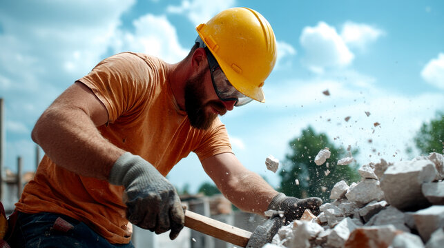 A construction worker demolishes concrete with a hammer, wearing safety gear under a bright blue sky.