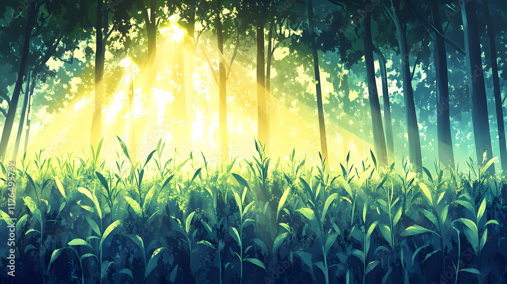 Poster A serene forest scene with sunlight filtering through trees, illuminating lush green grass and creating a tranquil atmosphere