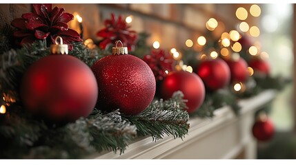 Festive Red Ornaments Adorn Christmas Mantelpiece