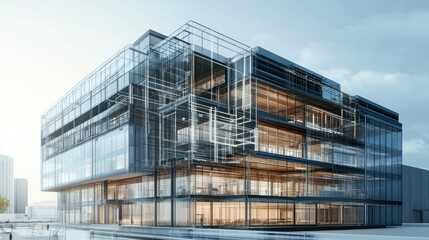 Architectural development of smart building computer systems Modern building construction designed with AI controls and IoT systems representing the integration of technology in smart