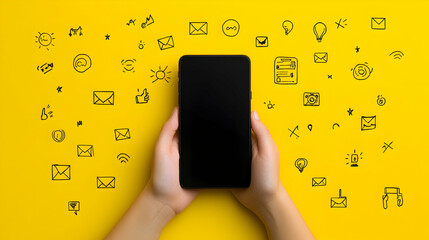 Hands holding smartphone displaying blank screen, surrounded by hand-drawn communication icons on yellow background.  Perfect for technology, social media, or communication concepts.