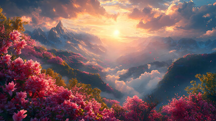 Mountain Sunset: Blossoms Bloom Above Clouds