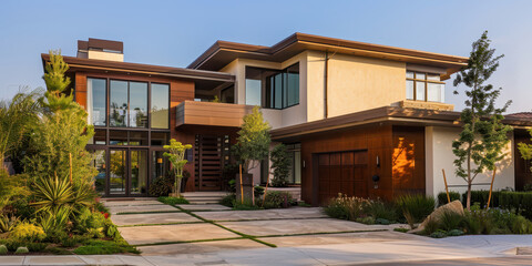 Fototapeta premium Luxury Modern Home Architectural Design: Stunning Contemporary Villa with Landscaped Gardens