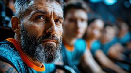 A dedicated athlete sits focused among teammates, reflecting the commitment and anticipation of the upcoming competitive game, showcasing intense concentration and determination.