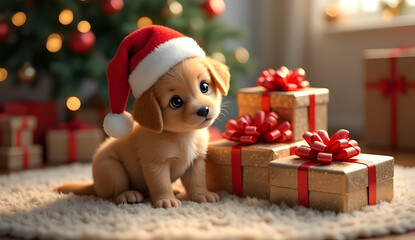 An adorable puppy wearing a Santa hat, sitting beside a pile of presents