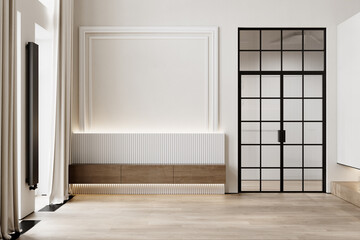 Contemporary classic white interior with console, wood floor, moldings, curtains and glass door. 3d render illustration mockup.