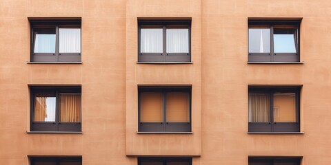 Obraz premium Modern Apartment Building Facade: Geometric Symmetry and Architectural Design. Clean lines and simple shapes create a minimalist aesthetic in urban architecture.