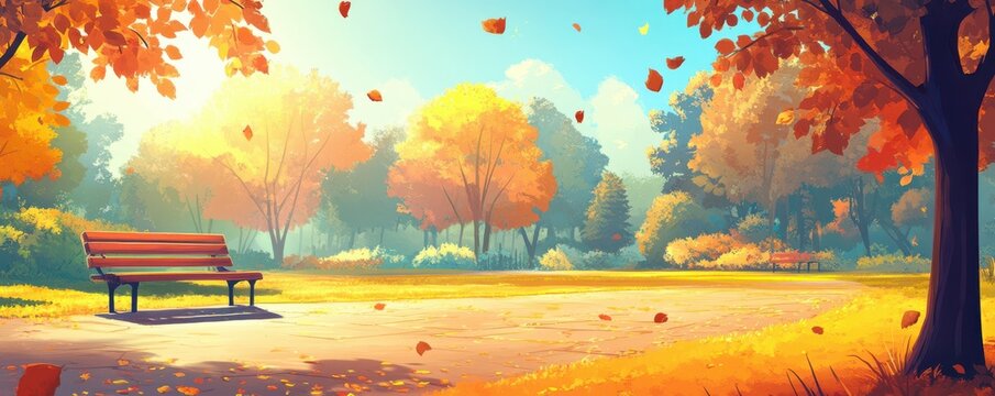 Autumn landscape. Beautiful park in the bright sunlight of the sun. Autumn scene with fallen leaves