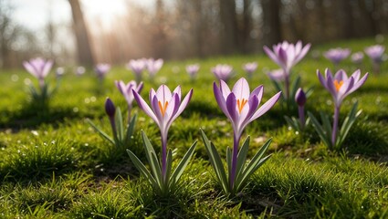 Purple crocus flowers bloom in a spring meadow, a vibrant splash of color in nature's beauty