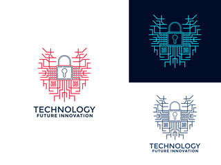 Circuit Love Shape Protection with Padlock symbol logo design vector. Cyber security logo icon symbol vector template