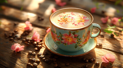 A detailed photography of a latte with intricate floral art created in the foam, served in a ceramic cup on a rustic wooden table with scattered coffee beans and warm sunlight streaming in.
