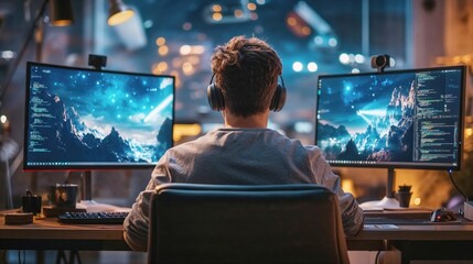 Software developer working at dual monitor setup displaying code and mountain landscape. Back view of programmer with headphones in atmospheric home office environment