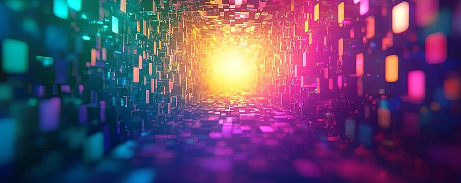 A vibrant digital tunnel illuminated by colorful lights converging into a bright center.