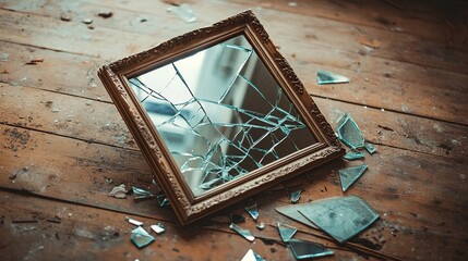 A broken mirror with shards scattered on the floor, symbolizing fragmented thoughts and self-doubt.