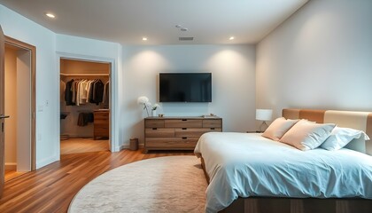 Modern bedroom with a queen-sized bed adorned with colorful throw pillows, a stylish area rug, a wall-mounted TV, a walk-in closet visible, and soft lighting creating a warm atmosphere