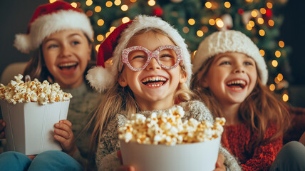 Three young girls are sitting on a couch, each holding a bowl of popcorn