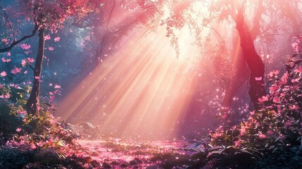 Fototapeta premium Enchanting Abstract Landscape with Glowing Pink Tone and Sunlight Rays in Lush Forest