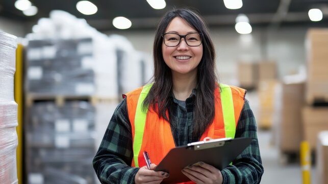 Female warehouse worker holding clipboard smiling at camera