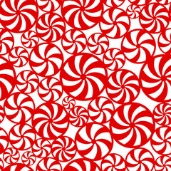 Vector Merry Christmas seamless pattern with traditional sweet red pepper mint candies on white background. Scattered Xmas round candies endless backdrop, template, repeat print, textile   