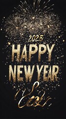 Festive 2025 New Year Banner with Sparkling Fireworks on Black Background