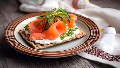 crispbread, with, salmon, new, dill, lemon, food, bread, sandwich, snack, breakfast, fish, cheese, appetizer, cream, cottage, swedish, sweden, photography, modern, macro, wooden, table, ad, design, 3d